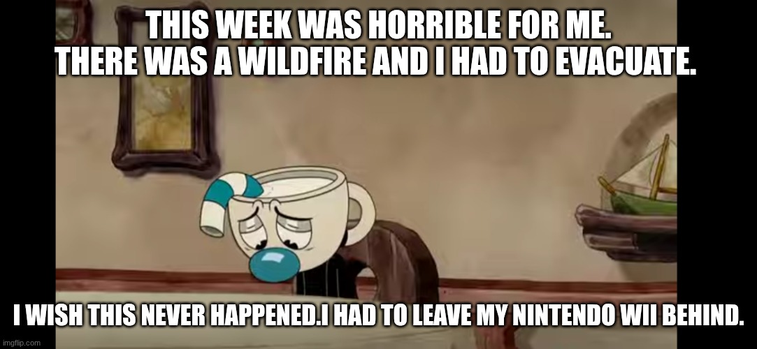 I'm not doing so good | This week was horrible for me. There was a wildfire and I had to evacuate. I wish this never happened.I had to leave my Nintendo Wii behind. | image tagged in sad mugman | made w/ Imgflip meme maker