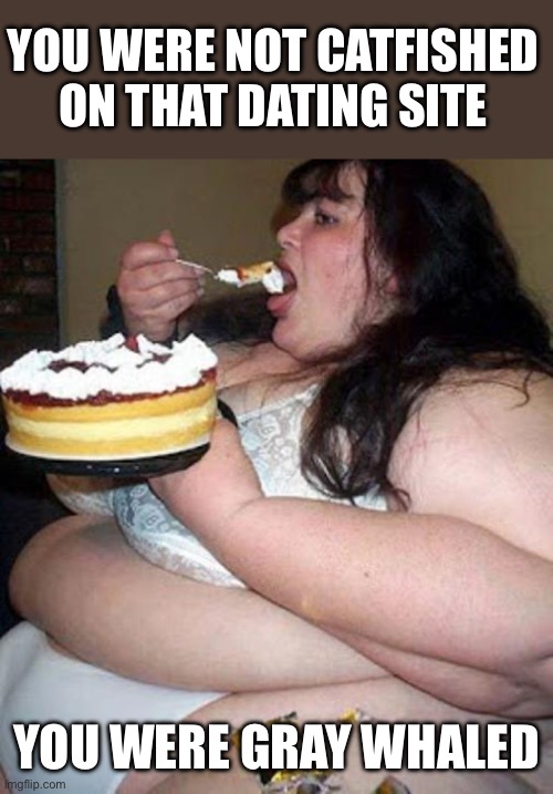 You were not catfished on that dating site You were gray whaled | image tagged in fat woman with cake | made w/ Imgflip meme maker