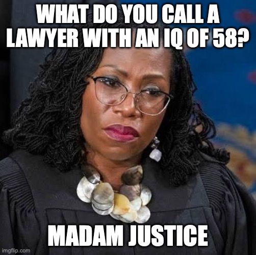 SCOTUS' Public Shame | What do you call a lawyer with an Iq of 58? Madam justice | image tagged in image 363 jpeg | made w/ Imgflip meme maker