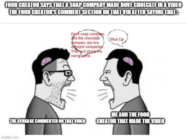 Littearl Facts Man | Food Creator Says That A Soap Company Made Dove Cholcate In A Video
the FOOD CREATOR'S COMMENT SECTION ON THAT VID AFTER SAYING THAT :; Me And The Food Creator That Made The Video; THE AVRGAGE COMMENTER ON THAT VIDEO | image tagged in youtube,dove,cholate,food creators,memes | made w/ Imgflip meme maker
