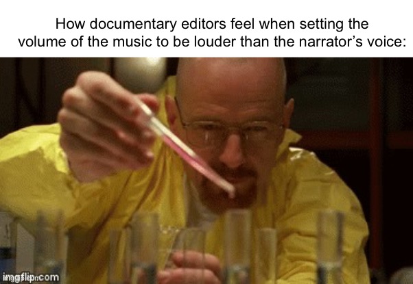 Why do so many documentaries do this | How documentary editors feel when setting the volume of the music to be louder than the narrator’s voice: | image tagged in walter white cooking,documentary | made w/ Imgflip meme maker