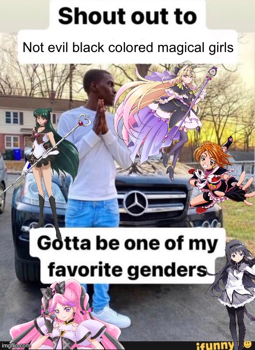 Slay queens! XD | Not evil black colored magical girls | image tagged in gotta be one of my favorite genders,anime,precure,sailor moon,puella magi madoka magica,black | made w/ Imgflip meme maker