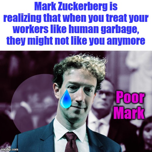 Mark Zuckerberg is realizing that when you treat your workers like human garbage, they might not like you anymore; Poor Mark | made w/ Imgflip meme maker