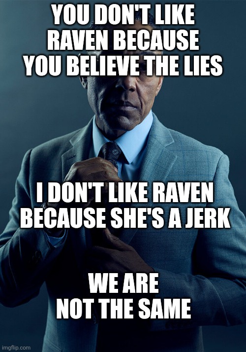 Raven is kinda mean | You don't like Raven because you believe the lies; I don't like Raven because she's a jerk; We are not the same | image tagged in gus fring we are not the same,memes,sonicexe,theycalledmesonic,takeabreather | made w/ Imgflip meme maker