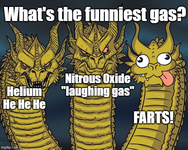 Funniest gasses | What's the funniest gas? Nitrous Oxide
"laughing gas"; Helium
He He He; Farts! | image tagged in three dragons | made w/ Imgflip meme maker