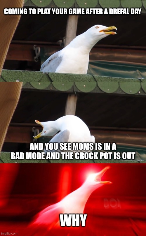 why | coming to play your game after a drefal day; and you see moms is in a bad mode and the crock pot is out; why | image tagged in inhaling seagull | made w/ Imgflip meme maker