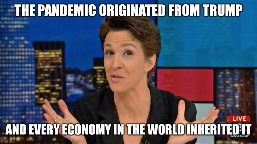 Rachel Maddow Blame Face | The pandemic originated from Trump and every economy in the world inherited it | image tagged in rachel maddow blame face | made w/ Imgflip meme maker