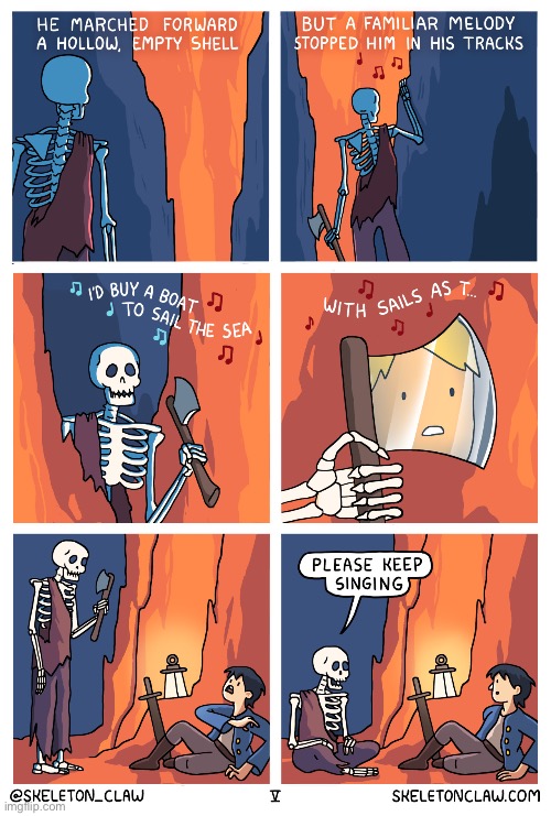 “Gavric’s Tale” - Pt. 5 | image tagged in comics,skeleton claw,gavrics tale,part five,adventure,singing | made w/ Imgflip meme maker