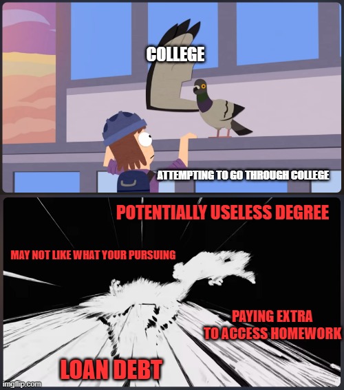 life education curiosity | college; attempting to go through college; potentially useless degree; may not like what your pursuing; paying extra to access homework; loan debt | image tagged in college,animation | made w/ Imgflip meme maker