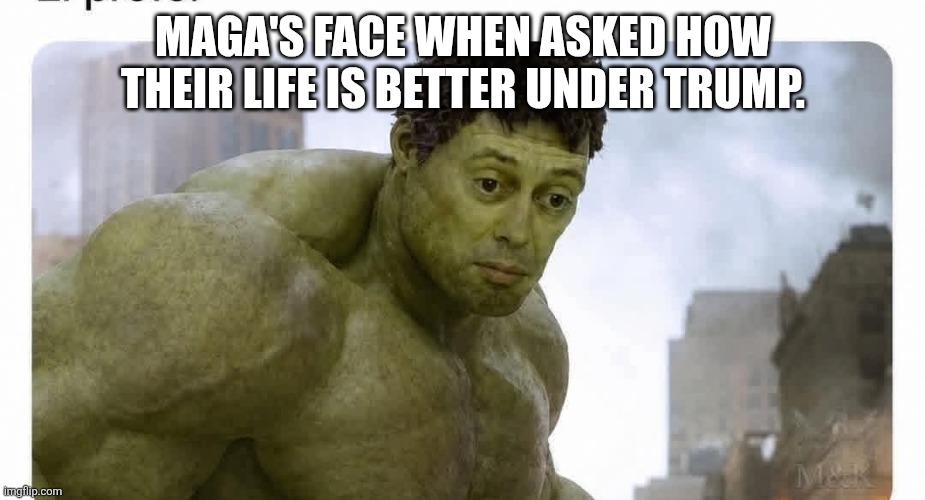 Life better under trump | Maga's face when asked how their life is better under trump. | image tagged in donald trump,trump,maga,nevertrump,trump sucks,dump trump | made w/ Imgflip meme maker