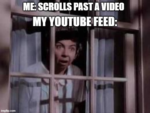 nosy neighbor | Me: scrolls past a video; My youtube feed: | image tagged in nosy neighbor | made w/ Imgflip meme maker