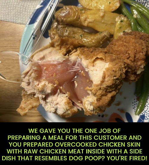They really should actually go to jail frankly | We gave you the one job of preparing a meal for this customer and you prepared overcooked chicken skin with raw chicken meat inside with a side dish that resembles dog poop? You're fired! | image tagged in you had one job,dude you're an idiot,duhhh dumbass,poison,nasty food,do you are have stupid | made w/ Imgflip meme maker