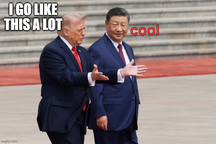 Trump with Xi | i go like this a lot; cool | image tagged in trump with xi hands open | made w/ Imgflip meme maker