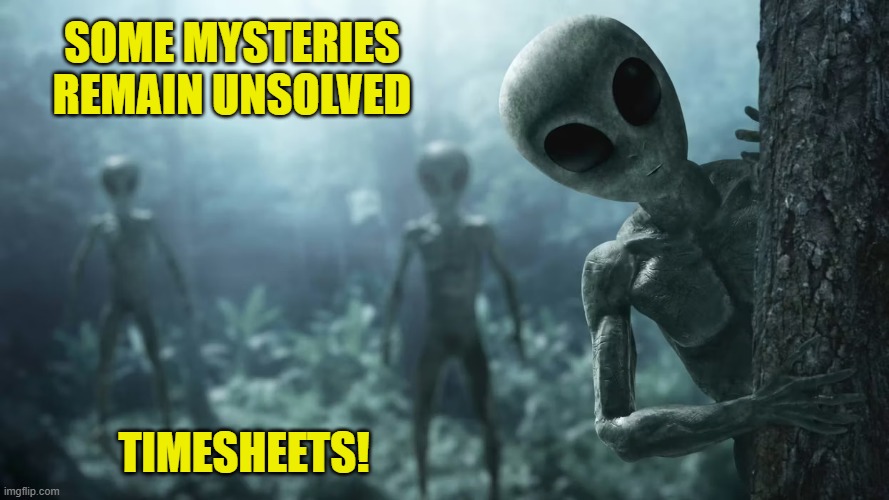alien timesheet reminders | Some mysteries remain unsolved; Timesheets! | image tagged in aliens-creature-in-the-forest avif | made w/ Imgflip meme maker