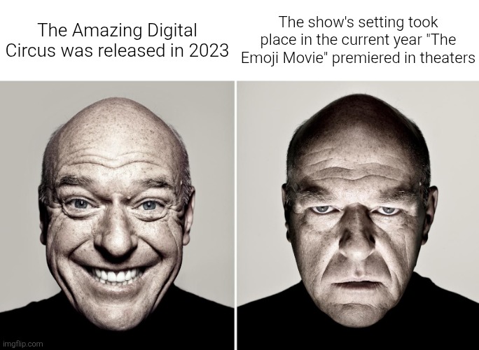 Coincidentally, they both took place in a digital world and the characters went to a candy themed setting at one point. | The Amazing Digital Circus was released in 2023; The show's setting took place in the current year "The Emoji Movie" premiered in theaters | image tagged in dean norris's reaction,the amazing digital circus,tadc,the emoji movie,emoji movie | made w/ Imgflip meme maker