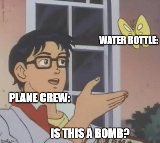 Is This A Pigeon | water bottle:; plane crew:; is this a bomb? | image tagged in memes,is this a pigeon | made w/ Imgflip meme maker