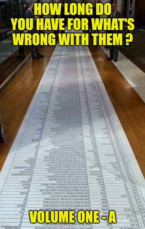 How long do you have for what's wrong with them ? Volume one - a | image tagged in really long list | made w/ Imgflip meme maker