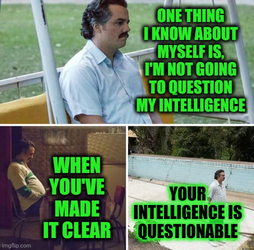 Wake Me Up Before You Go Go | One thing I know about myself is, I'm not going
to question my intelligence; When you've made it clear; your intelligence is questionable | image tagged in memes,sad pablo escobar,knowledge is power,intelligence,when you know you know,the great awakening | made w/ Imgflip meme maker