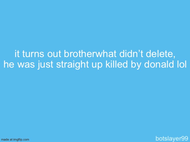 i know this happened a day ago but still i didn’t know this before | it turns out brotherwhat didn’t delete, he was just straight up killed by donald lol | image tagged in botslayer announcement temp | made w/ Imgflip meme maker