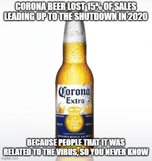 Corona Meme | corona beer lost 15% of sales leading up to the shutdown in 2020 because people that it was related to the virus, so you never know | image tagged in memes,corona | made w/ Imgflip meme maker