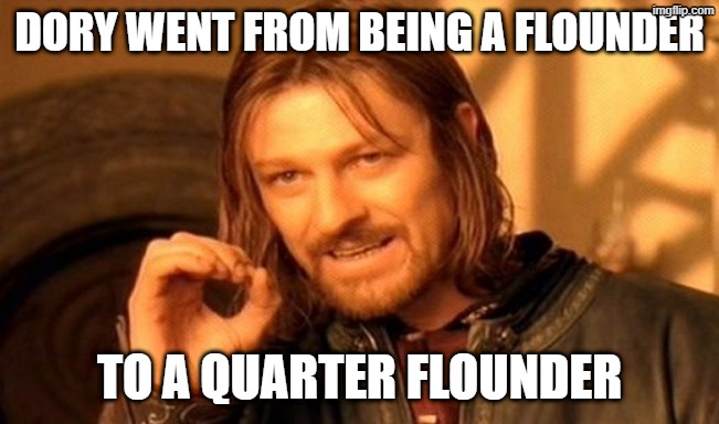 One Does Not Simply Meme | dory went from being a flounder to a quarter flounder | image tagged in memes,one does not simply | made w/ Imgflip meme maker