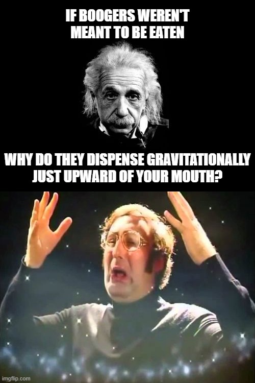 It checks out | If boogers weren't meant to be eaten; Why do they dispense gravitationally
just upward of your mouth? | image tagged in memes,albert einstein 1,mind blown,boogers,eating | made w/ Imgflip meme maker
