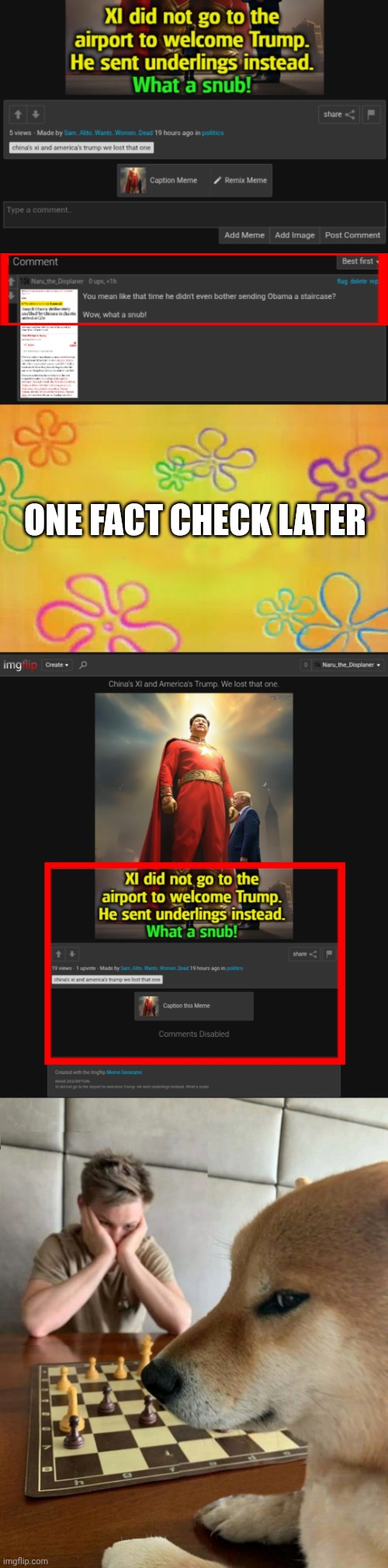 Invoke 4D chess and reckon with Fido | One fact check later | image tagged in spongebob time card background,chess doge,false advertising,propaganda,censorship | made w/ Imgflip meme maker