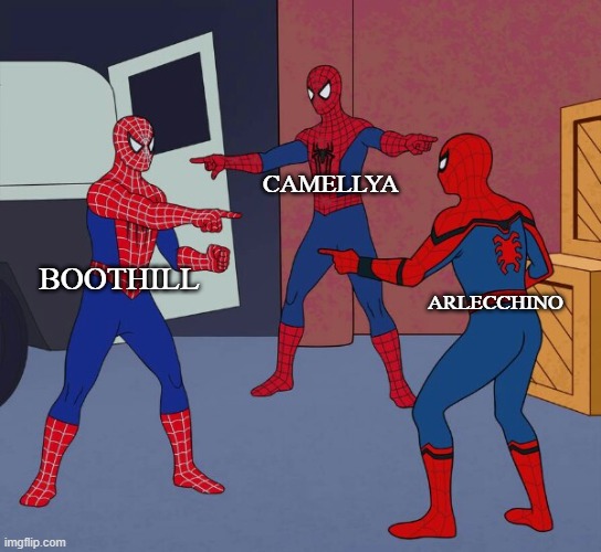 white and black haired characters | Camellya; Boothill; Arlecchino | image tagged in spider man triple,gaming,anime,genshin impact,honkai star rail,wuthering waves | made w/ Imgflip meme maker
