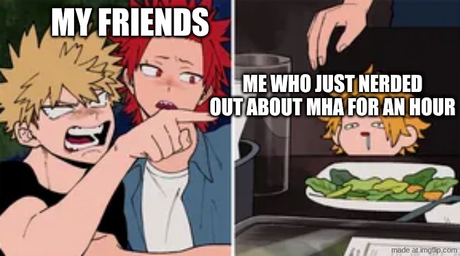 my friends | my friends; me who just nerded out about mha for an hour | image tagged in bakugo yelling at denki | made w/ Imgflip meme maker