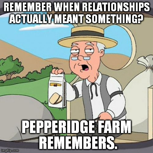Pepperidge Farm Remembers Meme | REMEMBER WHEN RELATIONSHIPS ACTUALLY MEANT SOMETHING?  PEPPERIDGE FARM REMEMBERS. | image tagged in memes,pepperidge farm remembers | made w/ Imgflip meme maker