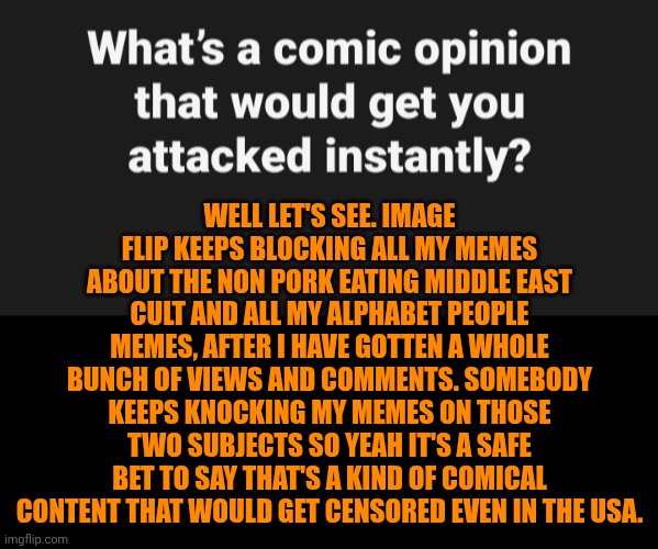 Funny | Well let's see. Image flip keeps blocking all my memes about the non pork eating middle east cult and all my alphabet people memes, after I have gotten a whole bunch of views and comments. Somebody keeps knocking my memes on those two subjects so yeah it's a safe bet to say that's a kind of comical content that would get censored even in the USA. | image tagged in funny,politics,censorship,censored,meanwhile on imgflip,comedy | made w/ Imgflip meme maker