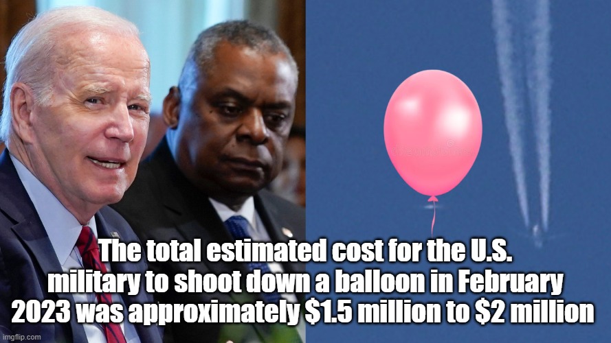 The total estimated cost for the U.S. military to shoot down a balloon in February 2023 was approximately $1.5 million to $2 million | made w/ Imgflip meme maker