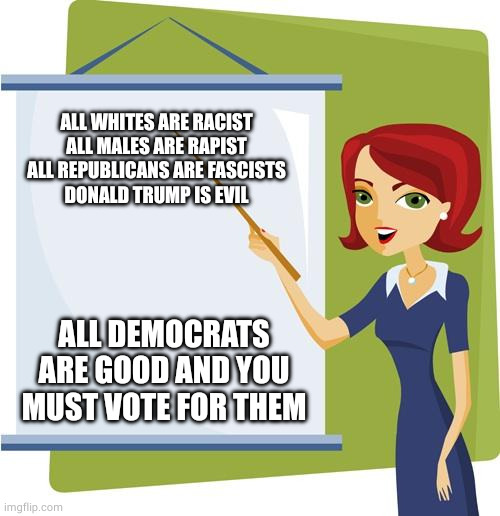Key lessons from elementary school through college that guarantee top grades | All Whites are Racist
All Males are Rapist
All Republicans are Fascists
Donald Trump is evil; All democrats are good and you must vote for them | image tagged in teacher,university,memes,politics | made w/ Imgflip meme maker
