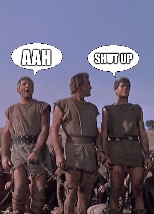 Two men in rome | Aah; Shut up | image tagged in i am spartacus | made w/ Imgflip meme maker
