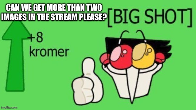 we barely have any images in The_Spamctuary™ right now so lets add some more! | can we get more than two images in the stream please? | image tagged in 8 kromer | made w/ Imgflip meme maker