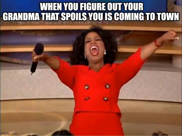 Oprah You Get A Meme | when you figure out your grandma that spoils you is coming to town | image tagged in memes,oprah you get a | made w/ Imgflip meme maker