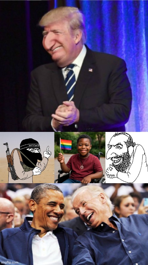 image tagged in happy merchant trump,jihad merchant,black kid with down syndrome in a wheelchair with a pride flag i,happy merchant transparent | made w/ Imgflip meme maker
