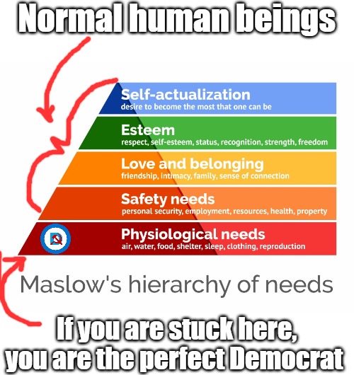 Democrats never move beyond the "reproduction" classification. | Normal human beings; If you are stuck here, you are the perfect Democrat | image tagged in hierarchy of needs pyramid | made w/ Imgflip meme maker