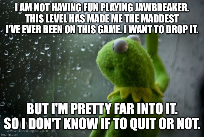 I need help deciding | I am not having fun playing Jawbreaker. This level has made me the maddest I've ever been on this game. I want to drop it. But I'm pretty far into it. So I don't know if to quit or not. | image tagged in kermit window | made w/ Imgflip meme maker