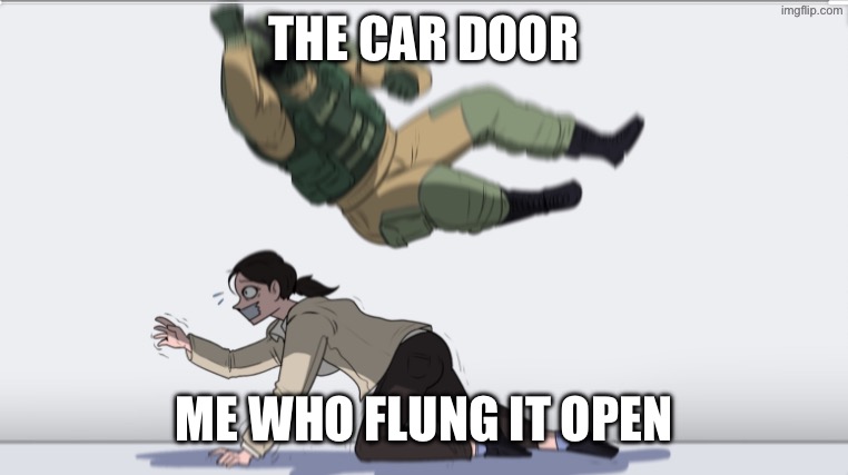 Even when you open it lightly, it still comes back | The car door; Me who flung it open | image tagged in body slam,car door | made w/ Imgflip meme maker