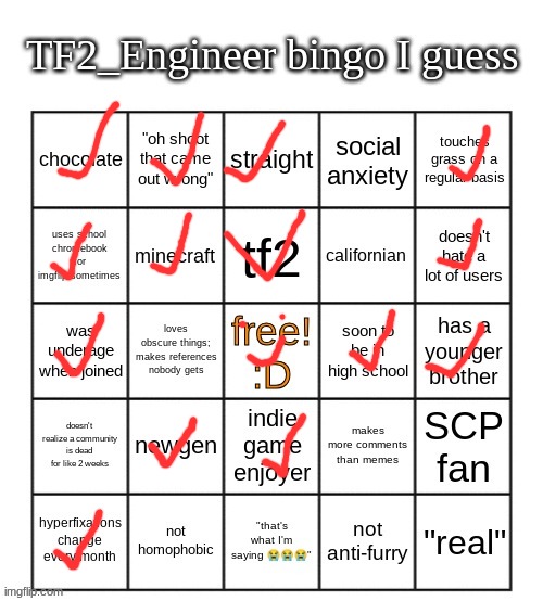 engineer is engihere | image tagged in tf2_engineer's bingo,tf2,engineer,engineer main | made w/ Imgflip meme maker
