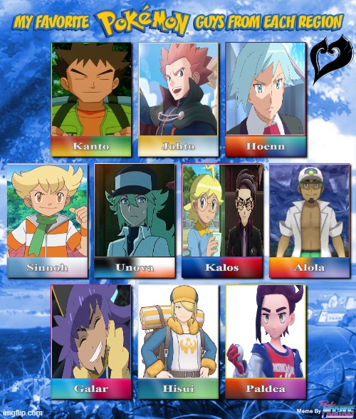favorite pokemon boys from each region | image tagged in favorite pokemon boys from each region,pokemon,nintendo,champions,rivalry,videogames | made w/ Imgflip meme maker