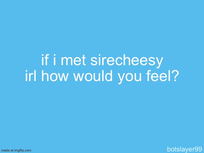 botslayer announcement temp | if i met sirecheesy irl how would you feel? | image tagged in botslayer announcement temp | made w/ Imgflip meme maker