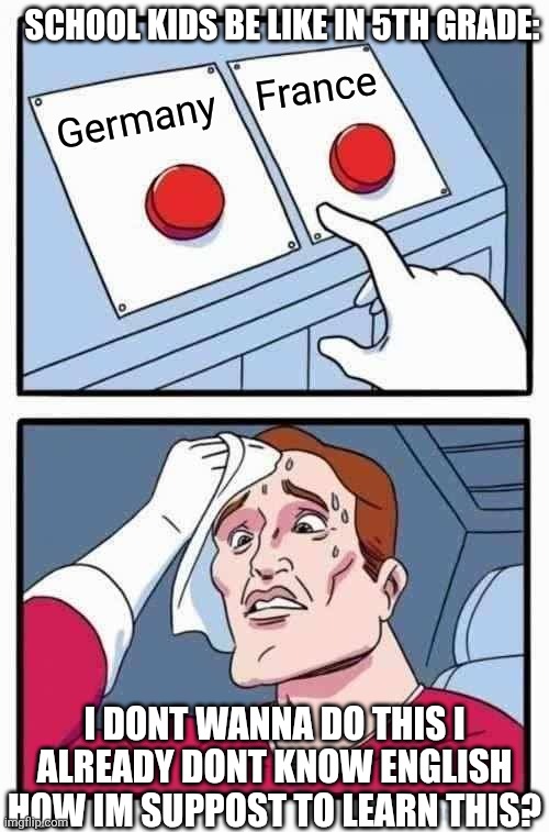 Relatable 5th grade school moment | School kids be like in 5th grade:; France; Germany; I dont wanna do this i already dont know english how im suppost to learn this? | image tagged in memes,two buttons,school,relatable,suffering | made w/ Imgflip meme maker