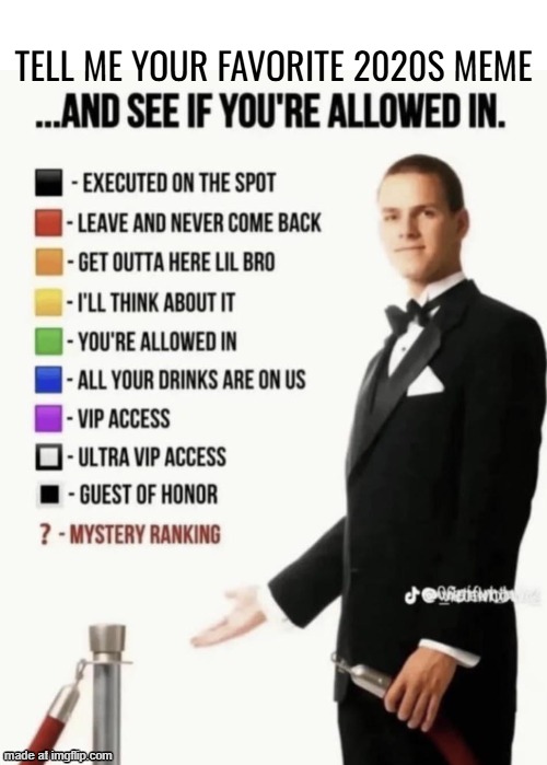 See if your allowed in. | TELL ME YOUR FAVORITE 2020S MEME | image tagged in see if your allowed in | made w/ Imgflip meme maker