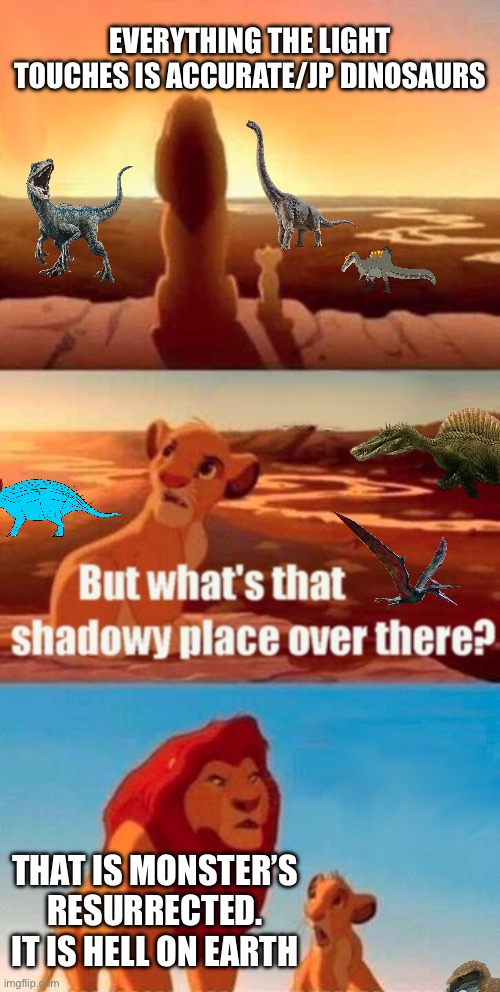 Paleo Media Be like | Everything the light touches is accurate/jp dinosaurs; That is Monster’s Resurrected. It is hell on earth | image tagged in memes,simba shadowy place,dinosaurs,jurassic park | made w/ Imgflip meme maker