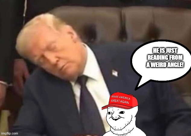 sleepy Donny | he is just reading from a weird angle! | image tagged in donald trump,trump,joe biden,nevertrump,maga,trump sucks | made w/ Imgflip meme maker