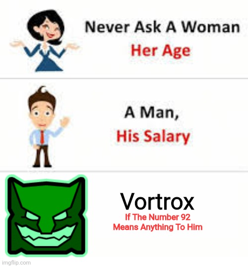 It will not end well | Vortrox; If The Number 92 Means Anything To Him | image tagged in never ask a woman her age | made w/ Imgflip meme maker