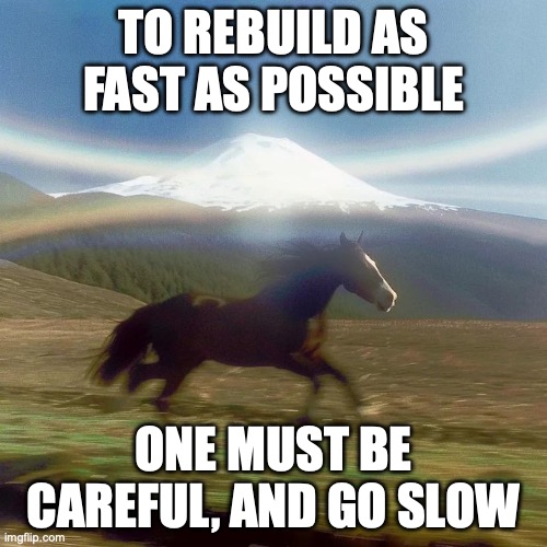 Running Horse Past Mountain | To Rebuild as fast as possible; one must be careful, and go slow | image tagged in running horse past mountain | made w/ Imgflip meme maker