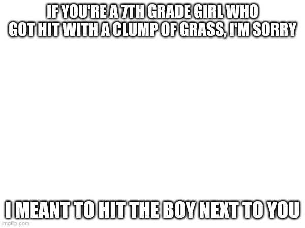 if you're a 7th grade girl who got hit with a clump of grass, i'm sorry; I meant to hit the boy next to you | image tagged in school sorry | made w/ Imgflip meme maker